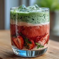 A vibrant iced latte with layers of sweet strawberry puree, earthy matcha, and creamy oat milk, served over ice for a refreshing drink.