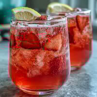 Refreshing strawberry lemonade mocktail with sparkling water, vibrant red berries and zesty citrus in a tall glass over ice.