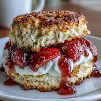 Fresh strawberry scone shortcakes with creamy vanilla yogurt, golden biscuits layered with juicy berries and sweet cream.
