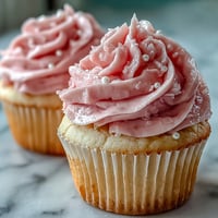 Fluffy vanilla cupcakes with pastel-pink buttercream, perfect for a bridal shower dessert table.  