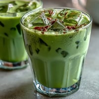 Vibrant dairy-free strawberry matcha latte with oat milk, layered with fresh strawberry syrup and creamy green tea.