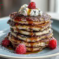 Fluffy cottage cheese protein pancakes with juicy blueberries, served with a drizzle of maple syrup for a healthy breakfast.