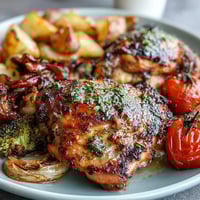 One-pan lemon chicken and veggie bake with colorful roasted vegetables and juicy chicken breasts, garnished with fresh parsley and lemon wedges.