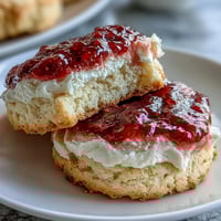 Clotted cream sugar cookies with strawberry jam centers—golden, buttery rounds with a jewel-like jam-filled middle.  
