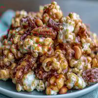 Baseball Season Popcorn Mix with Peanuts and Caramel in a large bowl, featuring golden caramel-coated popcorn and roasted peanuts.