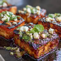 Grilled watermelon salad with feta and mint, showcasing juicy charred fruit, creamy cheese, and vibrant green herbs on a white platter.