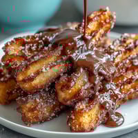 Golden, cinnamon-sugar-coated churro bites, crispy and warm, served with a glossy chocolate dipping sauce for a festive Cinco de Mayo dessert.  