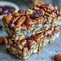 Chewy no-bake granola energy bars with oats, nuts, and dried fruit, perfect for quick snacks or hikes.