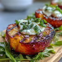 Vibrant grilled peach and burrata salad drizzled with honey, showcasing juicy caramelized peaches over arugula with creamy cheese.