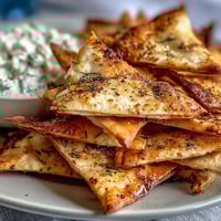 Crispy homemade pita chips with cool, creamy tzatziki — perfect for dipping at your next summer gathering.