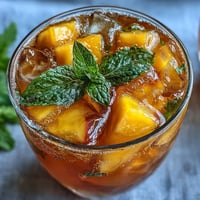 Refreshing mango peach sparkling tea with ripe fruit puree and chilled black tea over ice, garnished with fresh mint and fruit slices.