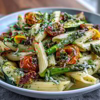 Colorful spring pasta primavera with fresh veggies, showcasing tender penne and vibrant seasonal vegetables in a light, herby sauce.