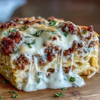 Million Dollar Spaghetti casserole with rich meat sauce and creamy Alfredo layers, bubbling with melted mozzarella in a golden-baked dish.