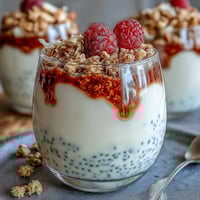 Lemon chia parfait with granola and raspberry compote, a bright and refreshing breakfast or dessert layered in a glass jar.