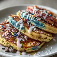 Vibrant Easter egg pancakes stacked high, decorated with colorful glaze and sprinkles for a festive breakfast treat.