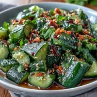 A vibrant smashed cucumber salad with garlic, chili oil, and sesame dressing, garnished with sesame seeds and scallions.