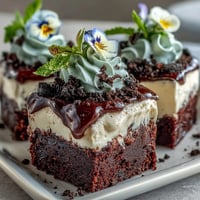 Flower pot brownies with Oreo dirt, topped with edible flowers and mint, served in mini terracotta pots.  