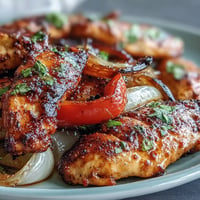 Sheet Pan Chicken Fajitas piled high with colorful peppers and onions.