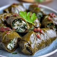 Kurdish Dolma: Tender stuffed grape leaves with fragrant herbed rice, ready to serve.